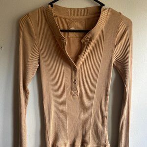 Aerie Brown Striped Form Fitting Henley Long Sleeve Top, Size Small